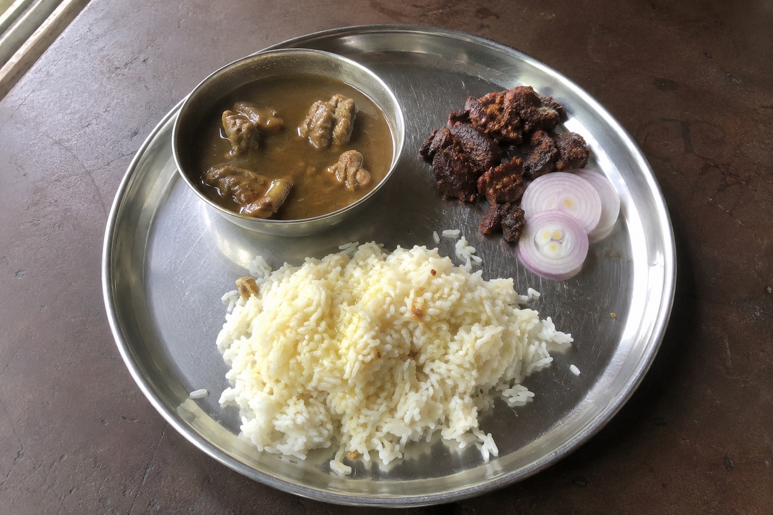Ghee rice, mutton saaru and chicken kebab